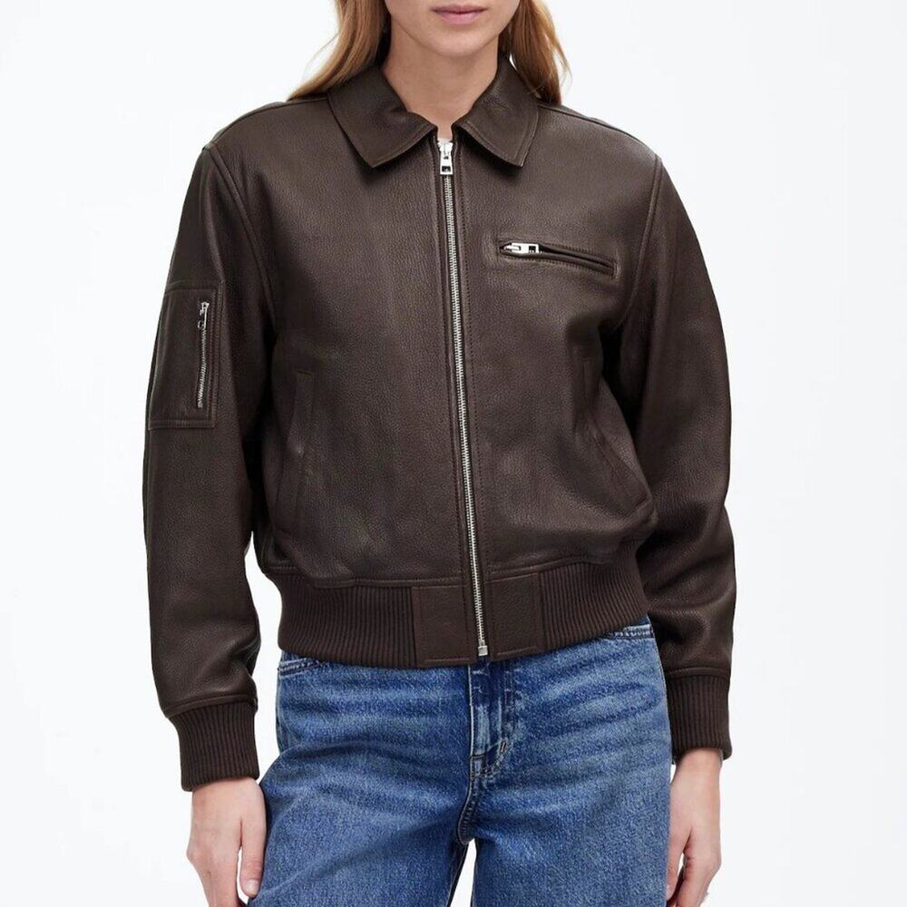 NWT Madewell Relaxed Leather Bomber Jacket Dark Carob Brown Size M